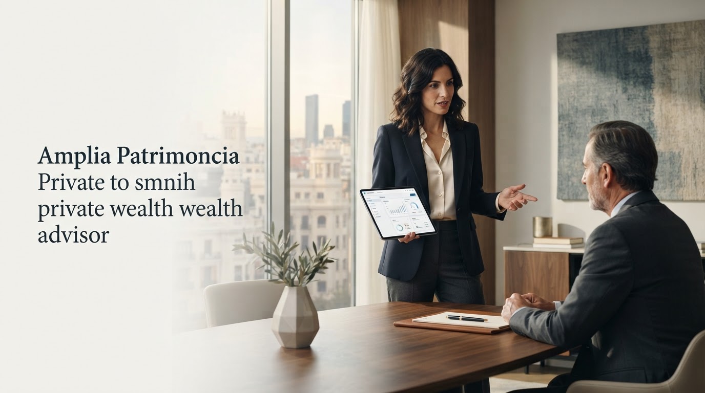 Amplia Patrimoncia: panel de control con curvas de crecimiento y nodos de datos financieros